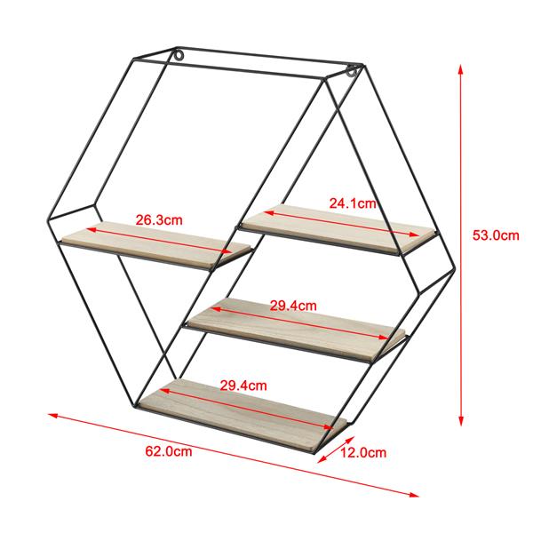 Grote foto wandrek zeshoek met 4 planken 62x12x53 cm zwart en houtkleurig huis en inrichting overige