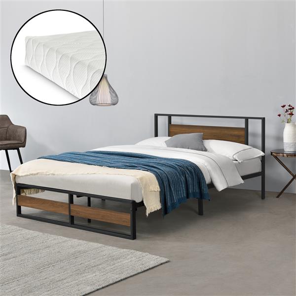 Grote foto metalen bed villach met matras 140x200 cm zwart en walnoot huis en inrichting bedden