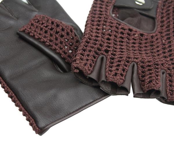 Grote foto swift vintage vingerloze crochet leren handschoenen bruin motoren kleding