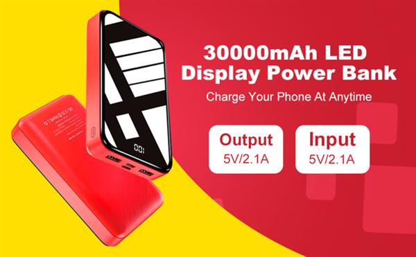 Grote foto powerbank 30.000 mah oplader snellader micro usb c led display rood zwart telecommunicatie batterijen en accu