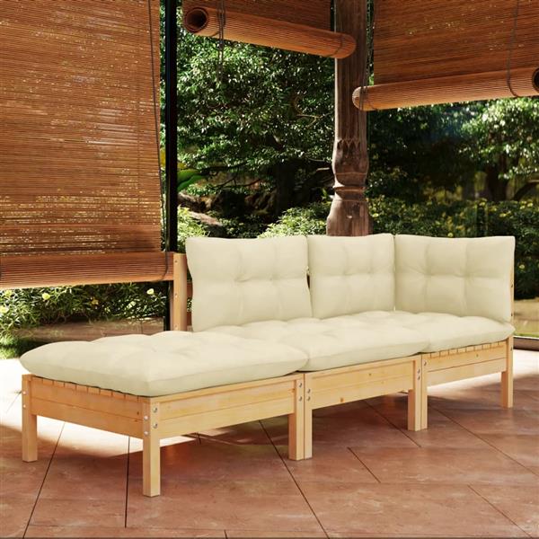 Grote foto vidaxl 3 delige loungeset met cr mekleurige kussens massief grenenhout tuin en terras tuinmeubelen