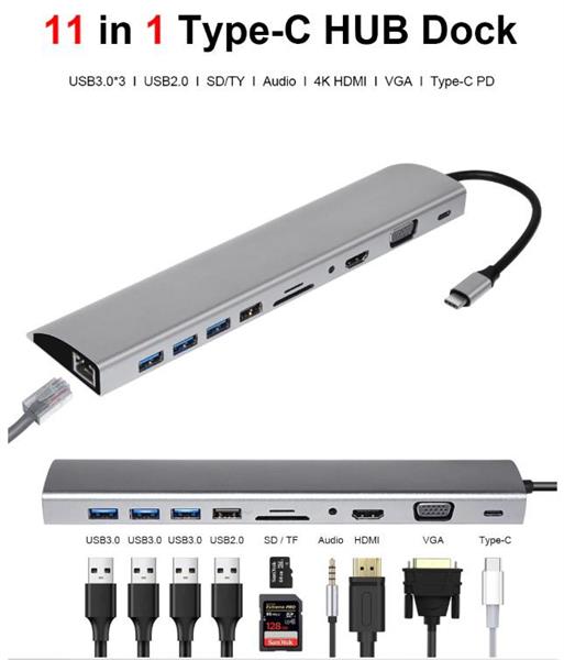 Grote foto drphone usb c hub 11 in 1 met gigabit ethernet 4k hdmi vga 3x usb3.0 1x usb2.0 micro sd computers en software overige computers en software