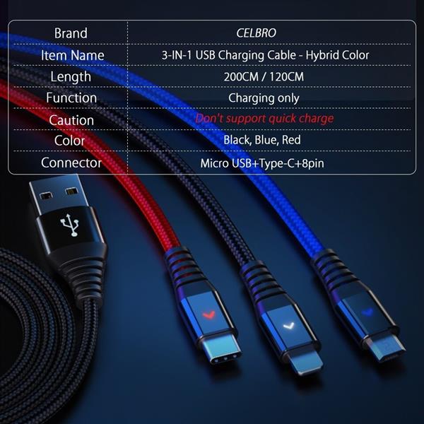 Grote foto drphone mcl01 3 in 1 usb micro type c lightning led display rood zwart blauw 1.5m telecommunicatie opladers en autoladers