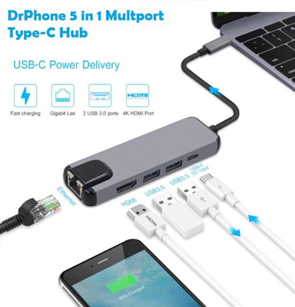 Grote foto drphone nd1 5 in 1 multiport type c hub hdmi 4k 1x gigabit 1000m ethernet 2 x usb 3.0 usb computers en software overige computers en software