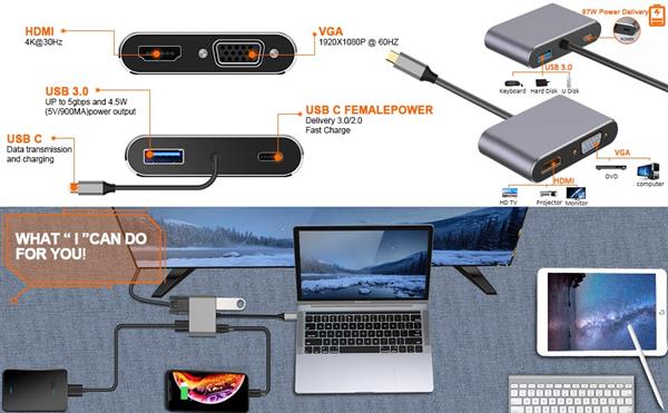 Grote foto drphone chx2 4 in 1 adapter usb c naar hdmi vga 4k 3840 2160p 60hz pd 87w usb 3.0 grijs computers en software overige computers en software