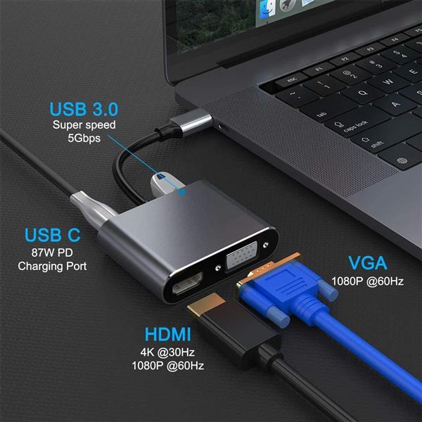 Grote foto drphone chx2 4 in 1 adapter usb c naar hdmi vga 4k 3840 2160p 60hz pd 87w usb 3.0 grijs computers en software overige computers en software