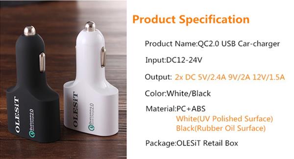 Grote foto olesit dual usb fast charge 36w autolader qualcomm quick charge 2.0 4.8a auto oplader geschikt voo telecommunicatie opladers en autoladers