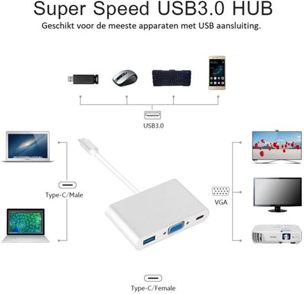 Grote foto drphone 3 in 1 type c hub converter 4k 1x type c 1x vga 1x usb 3.0 usb c hub chrome zilver computers en software overige computers en software