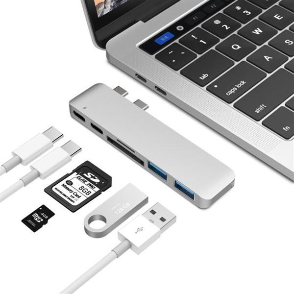 Grote foto 6 in 1 aluminium pro hub adapter 2x usb 3.0 1x thunderbolt 3 1x usb c 2x usb 3.0 sd 1x micro computers en software overige computers en software