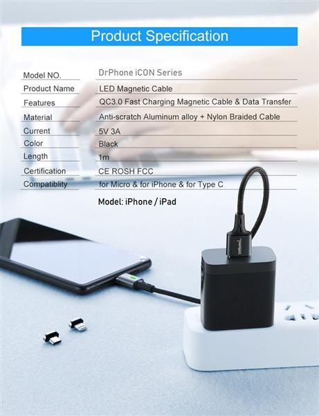 Grote foto drphone icon series qualcomm 3.0 magnetische lightning 8 pin oplaadkabel datakabel sterkste m telecommunicatie opladers en autoladers