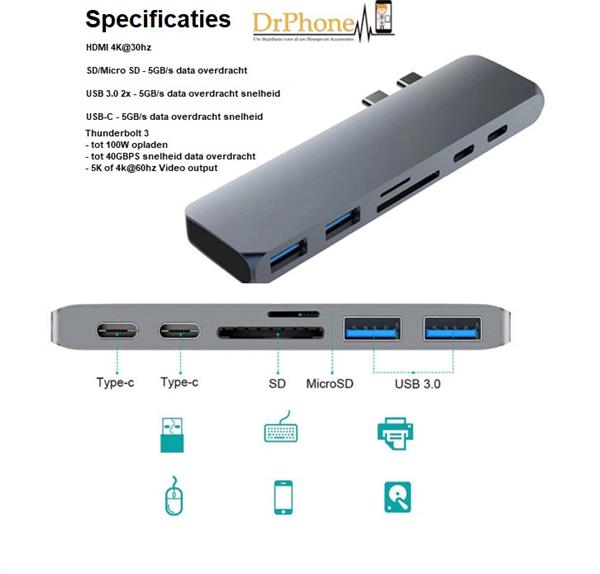 Grote foto drphone 7 in 1 usb c hub dual type c dock 5k output 40 gbps thunderbolt 3 2x usb 3.0 poorten computers en software overige computers en software