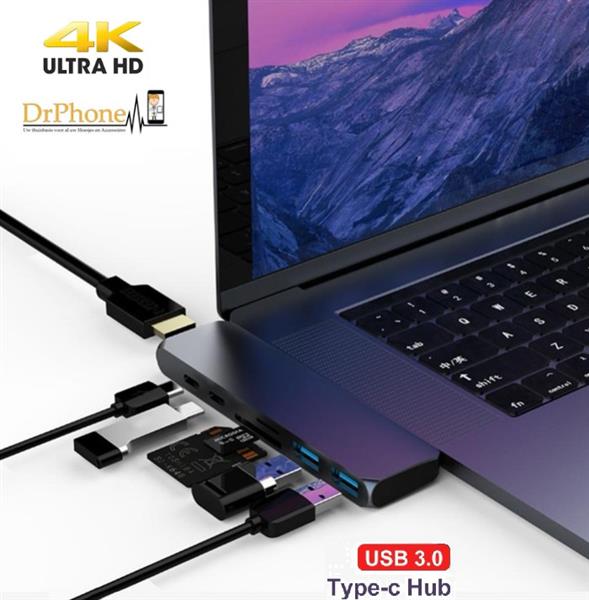 Grote foto drphone 7in1 usb c hub type c thunderbolt 3 2x usb 3.0 poorten 4k hdmi sd microsd 100w pd computers en software overige computers en software