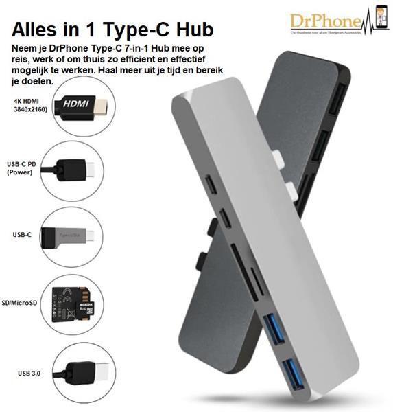 Grote foto drphone 7in1 usb c hub type c thunderbolt 3 2x usb 3.0 poorten 4k hdmi sd microsd 100w pd computers en software overige computers en software