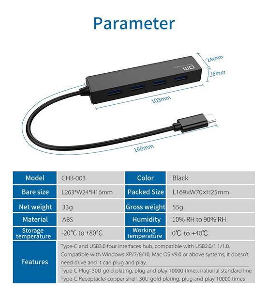 Grote foto drphone dm03 type c adapter hub met 4x usb 3.0 high speed poorten plug play computers en software overige computers en software