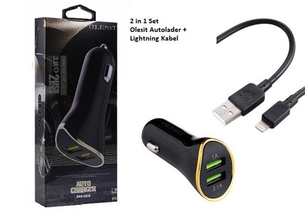 Grote foto 2 in 1 olesit 3.1a autolader oplader 2 usb poorten zwart olesit lightning kabel 1 meter telecommunicatie opladers en autoladers