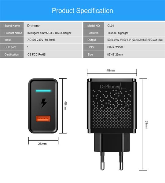 Grote foto drphone halo 18w qualcom 3.0 quick charge snel lader met led indicator wit telecommunicatie opladers en autoladers