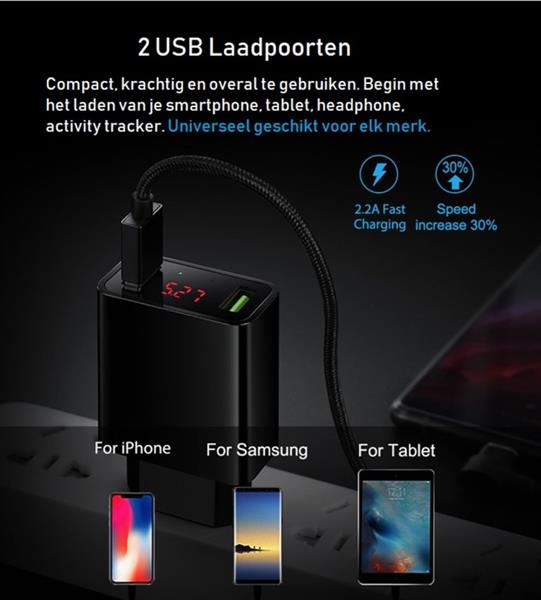 Grote foto drphone thuislader 2 poorten usb oplader 2.2a smart fast charge lader met led display wit telecommunicatie opladers en autoladers