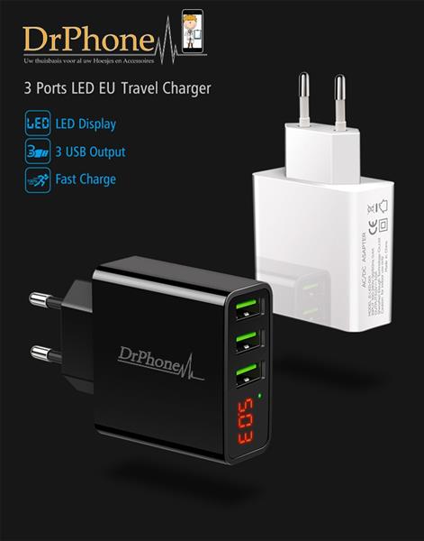 Grote foto drphone thuislader 3 poorten usb oplader 2.4a smart fast charge lader met led display wit telecommunicatie opladers en autoladers