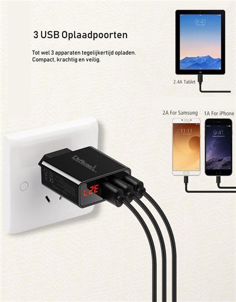 Grote foto drphone thuislader 3 poorten usb oplader 2.4a smart fast charge lader met led display wit telecommunicatie opladers en autoladers