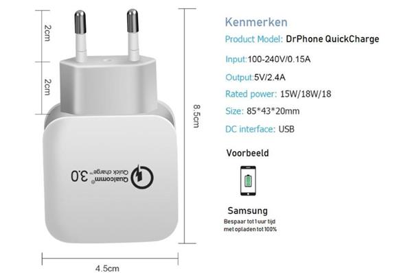 Grote foto drphone quickcharge snellader thuislader oplader met snel opladen functie 9v 2a max 18w fast telecommunicatie opladers en autoladers