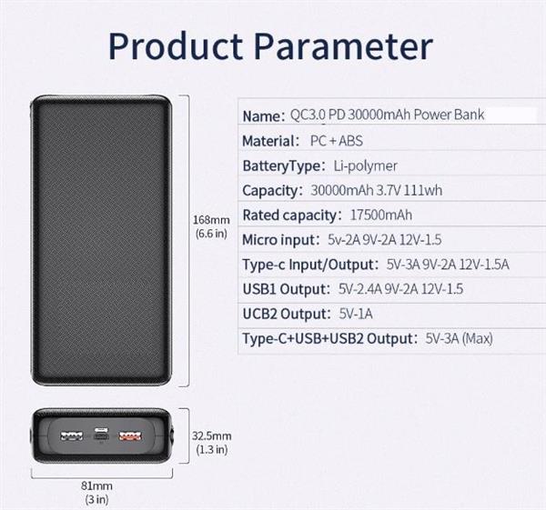 Grote foto drphone pw3 powerbank 30.000mah snel opladen qualcom 3.0 pd 3.0 usb c power delivery 18w wi telecommunicatie opladers en autoladers