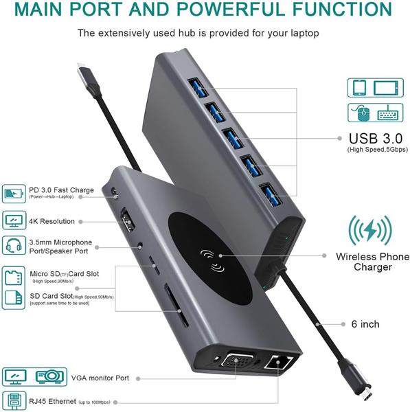 Grote foto drphone md6 13 in 1 usb c hub adapter uitbreiding poorten 4k hdmi vga ethernet draadloos op computers en software overige computers en software