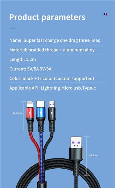 Grote foto drphone mx3 3 in 1 usb kabel led micro usb c lightning apple snellader rood zwart telecommunicatie opladers en autoladers
