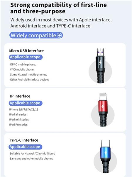 Grote foto drphone mx3 3 in 1 usb kabel led micro usb c lightning apple snellader rood zwart telecommunicatie opladers en autoladers