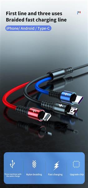 Grote foto drphone mx3 3 in 1 usb kabel led micro usb c lightning apple snellader rood zwart telecommunicatie opladers en autoladers