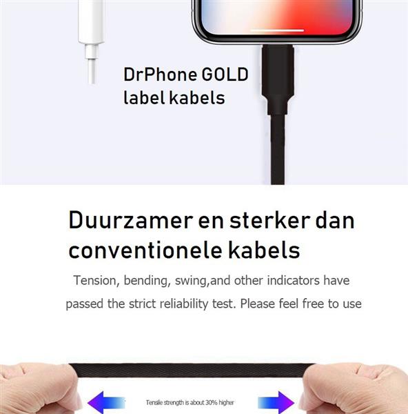 Grote foto drphone hybridx nylon kevlar oplaadkabel 2 meter lightning 8 pin kabel optimaal accuduur telecommunicatie opladers en autoladers