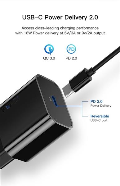 Grote foto drphone lunar black usb c 18w pd oplader type c thuislader met snel laden functie voor tab telecommunicatie opladers en autoladers