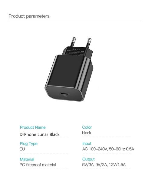 Grote foto drphone lunar black usb c 18w pd oplader type c thuislader met snel laden functie voor tab telecommunicatie opladers en autoladers