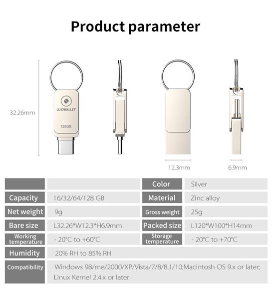 Grote foto luxwallet pd5 mini usb stick 64gb usb c type c otg usb 3.0 flash drive geheugen zilver computers en software overige computers en software