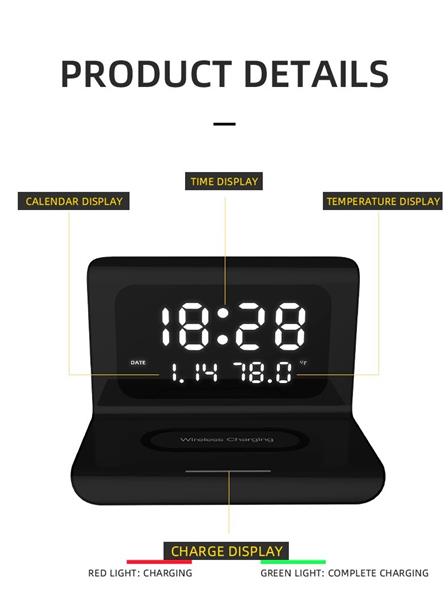 Grote foto drphone xk4 digitale wekker met draadloos opladen led display geschikt voor smartphones met qi telecommunicatie opladers en autoladers