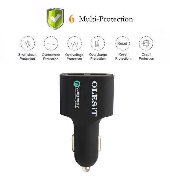 Grote foto olesit dual usb fast charge 36w autolader qualcomm quick charge 2.0 4.8a auto oplader geschikt voo telecommunicatie opladers en autoladers