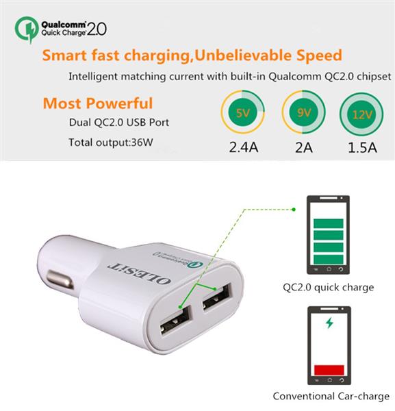 Grote foto olesit dual usb fast charge 36w autolader qualcomm quick charge 2.0 4.8a auto oplader geschikt voo telecommunicatie opladers en autoladers