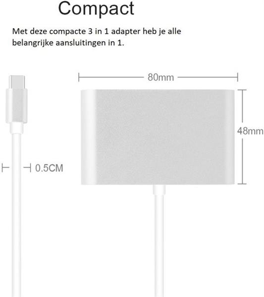 Grote foto drphone 3 in 1 type c hub converter 4k 1x type c 1x vga 1x usb 3.0 usb c hub chrome zilver computers en software overige computers en software