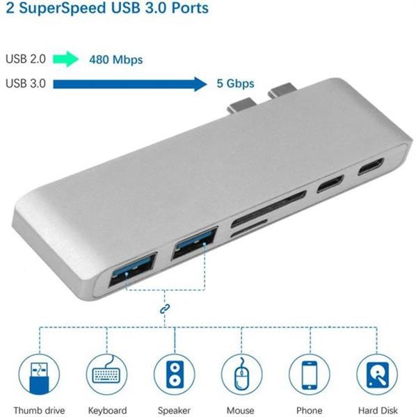 Grote foto 6 in 1 aluminium pro hub adapter 2x usb 3.0 1x thunderbolt 3 1x usb c 2x usb 3.0 sd 1x micro computers en software overige computers en software