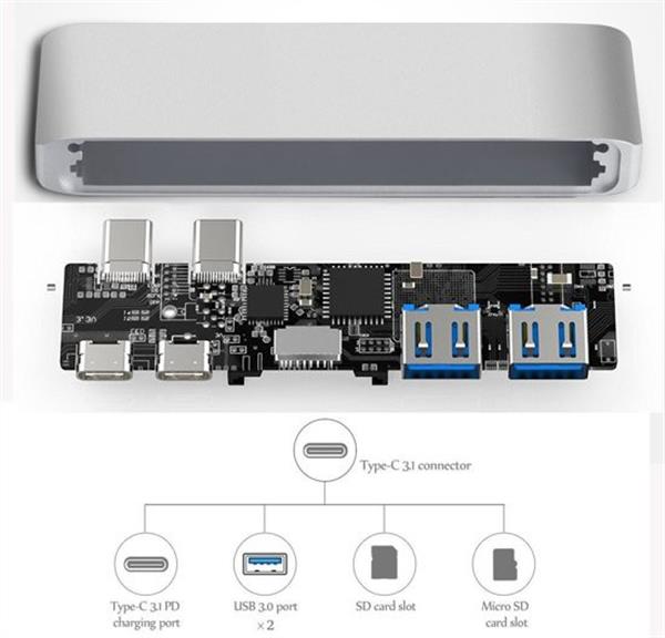 Grote foto 6 in 1 aluminium pro hub adapter 2x usb 3.0 1x thunderbolt 3 1x usb c 2x usb 3.0 sd 1x micro computers en software overige computers en software