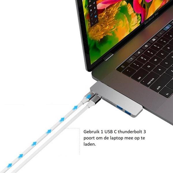 Grote foto 6 in 1 aluminium pro hub adapter 2x usb 3.0 1x thunderbolt 3 1x usb c 2x usb 3.0 sd 1x micro computers en software overige computers en software