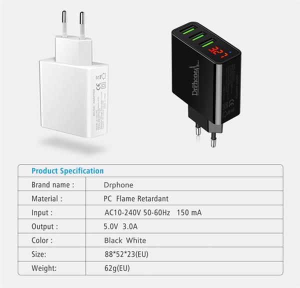 Grote foto drphone thuislader 3 poorten usb oplader 2.4a smart fast charge lader met led display real time stat telecommunicatie opladers en autoladers