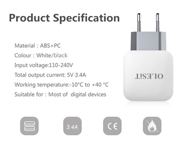 Grote foto olesit 3.4a 17w snellader adapter 2 poort micro usb 1.5m 2.1a kabel high speed geschikt voor kob telecommunicatie opladers en autoladers