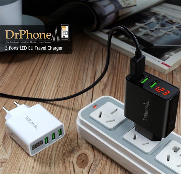 Grote foto drphone thuislader 3 poorten usb oplader 2.4a smart fast charge lader met led display wit telecommunicatie opladers en autoladers