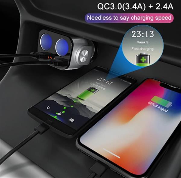 Grote foto drphone car5 90w autolader 2x sigarettenplug snellader 2x usb 3.0 oplaadpoort met led zwar telecommunicatie opladers en autoladers