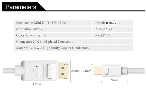 Grote foto drphone mini displayport naar displayport audio video kabel 4k 30hz 1080p 60hz male to ma telecommunicatie opladers en autoladers