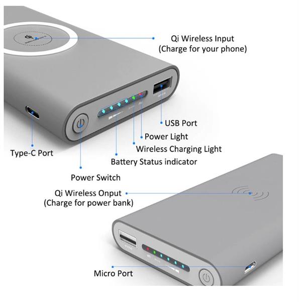 Grote foto drphone pb2 draagbare 10000mah powerbank qi draadloze oplader charge recharge grijs telecommunicatie opladers en autoladers