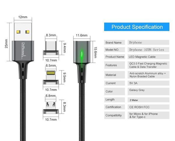 Grote foto drphone icon series 2 meter micro usb magnetische kabel 3.0a snellader datakabel fast charge telecommunicatie opladers en autoladers