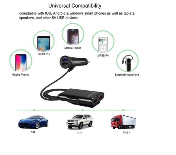 Grote foto drphone pcc2 36w 8a 4 poorten snellader usb qc 3.0 autolader voor en achter 1.8m zwart telecommunicatie opladers en autoladers