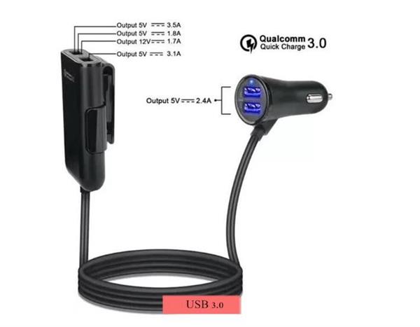 Grote foto drphone pcc2 36w 8a 4 poorten snellader usb qc 3.0 autolader voor en achter 1.8m zwart telecommunicatie opladers en autoladers