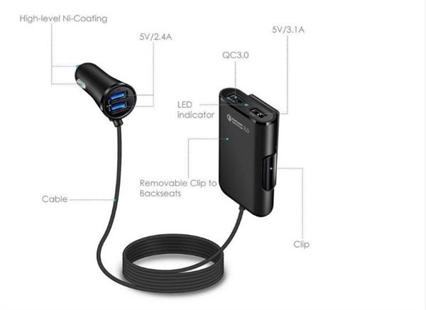 Grote foto drphone pcc2 36w 8a 4 poorten snellader usb qc 3.0 autolader voor en achter 1.8m zwart telecommunicatie opladers en autoladers